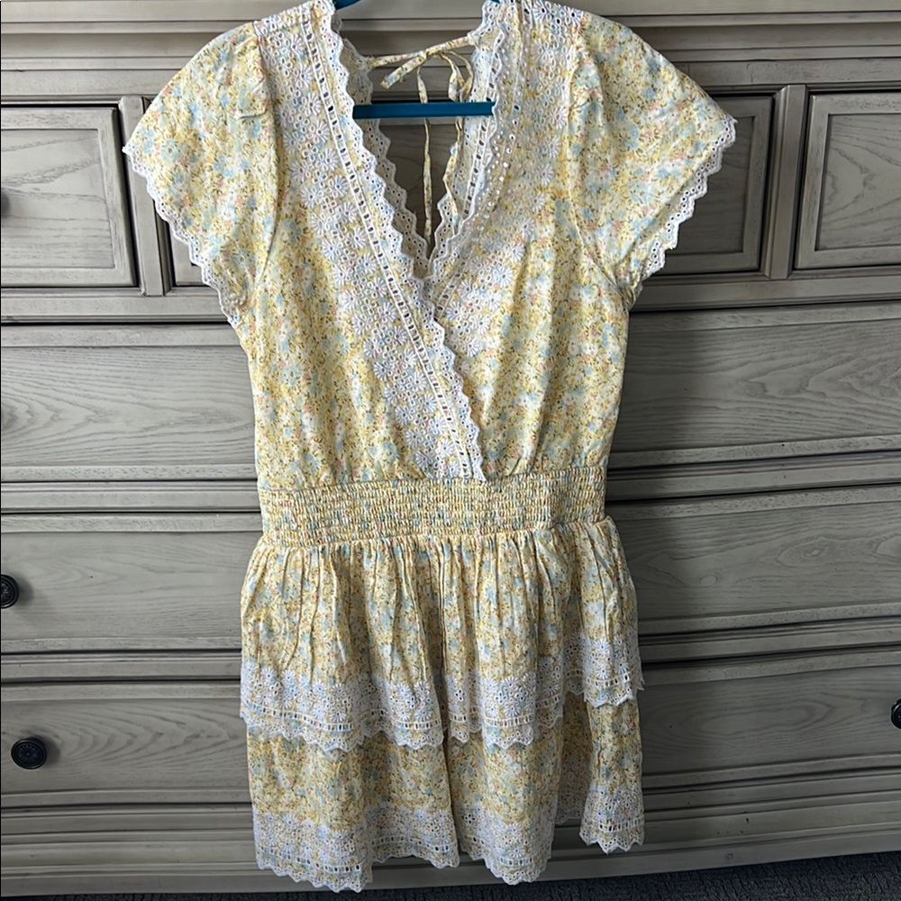 AE Floral Embroidered Floral Cotton+Linen Yellow Dress Sz L
